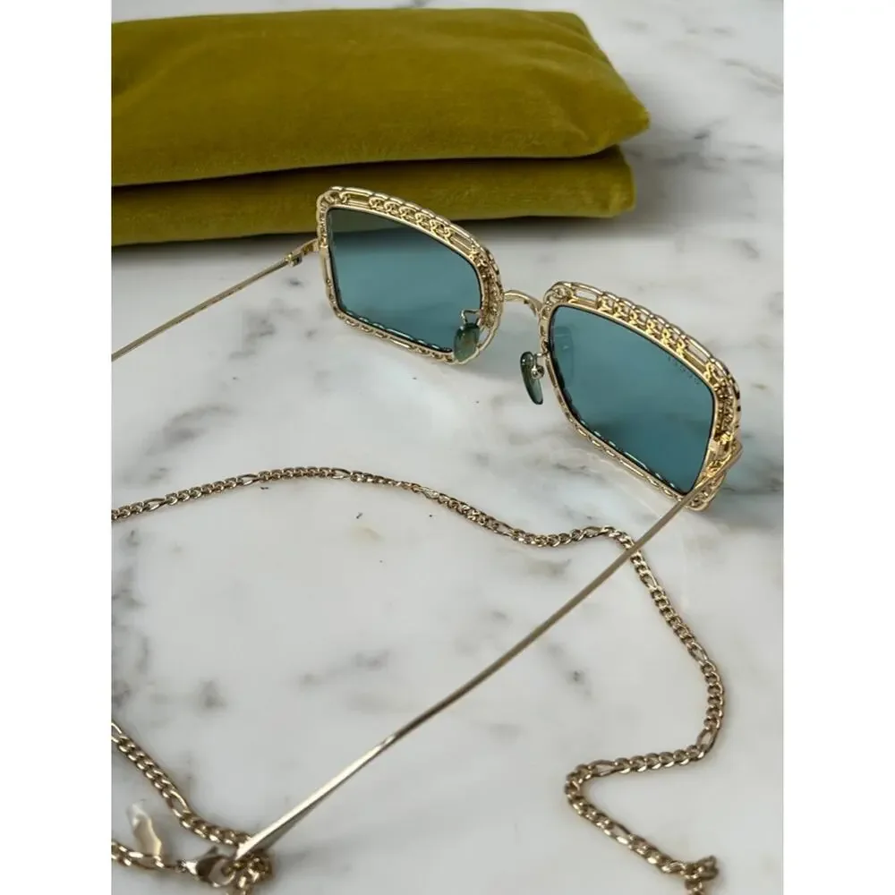 NEW Gucci GG1112S Gold Blue Lens Chain Sunglasses